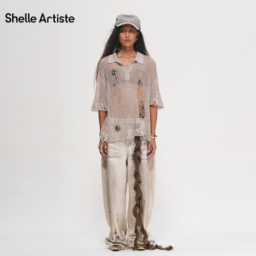 Shelle Artiste 2026夏季复古做旧镂空破洞流苏宽松钩花POLO衬衫