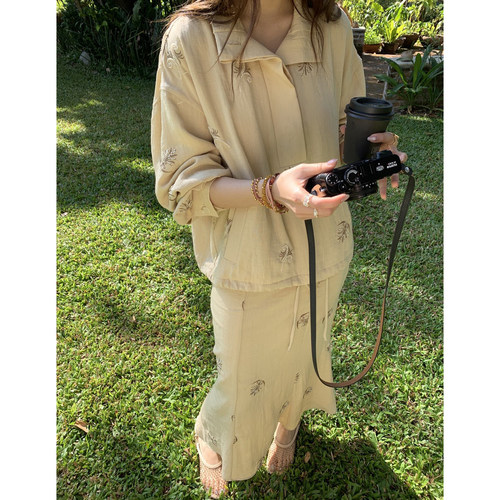 【现货设计师】ODTD26春夏亚麻珠绣宽松套头上衣鱼尾半裙套装女