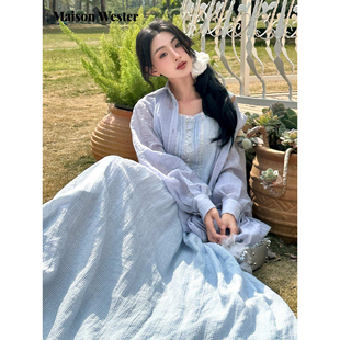 田园蓝格方领长款 Maison 法式 新品 连衣裙裙子 Wester2026春季