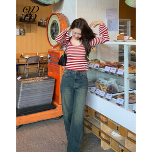 复古蓝洗直筒牛仔裤 胶囊新款 ODTD25冬季 廓形做旧感 设计师女装