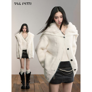 VIAPITTI设计感重磅狐狸毛大翻领保暖毛绒绒毛衣外套女装秋冬开衫