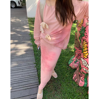 Piacevole e SS26 晕染'Orchid'印花针织一字领羊毛罩衫半裙套装