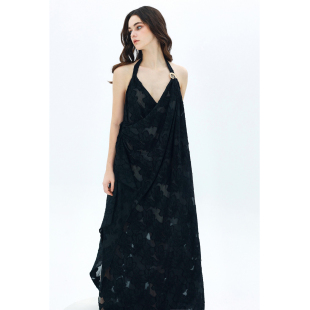 MOOD X MIURA Kemea 黑色提花不对称荷叶边露背连衣裙