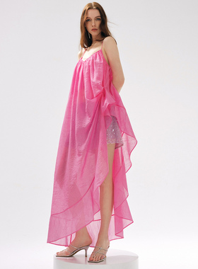 MOOD X MIURA25SS玫红色不对称荷叶边吊带上衣粉紫色镂空钩针短裤