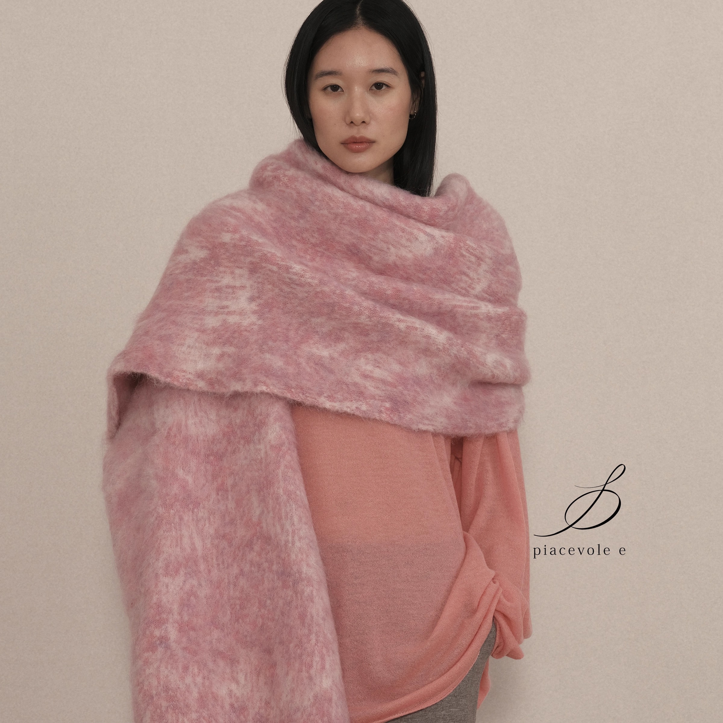 Piacevole e FW25 织提花线条印花图案羊驼毛钩针围巾披肩配饰