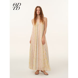 顺纡绉拼片印花连衣裙长裙女度假风 ODTD26春夏新款 设计师女装