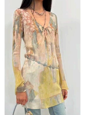 IF BY LAND设计师品牌26春黄色雪纺墙壁印花喇叭袖短款连衣裙