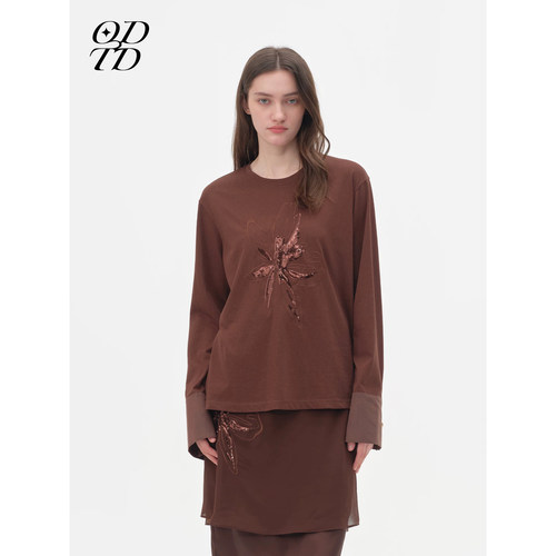 【设计师女装】ODTD26秋季新款花朵珠绣多材质拼接长袖针织T恤女