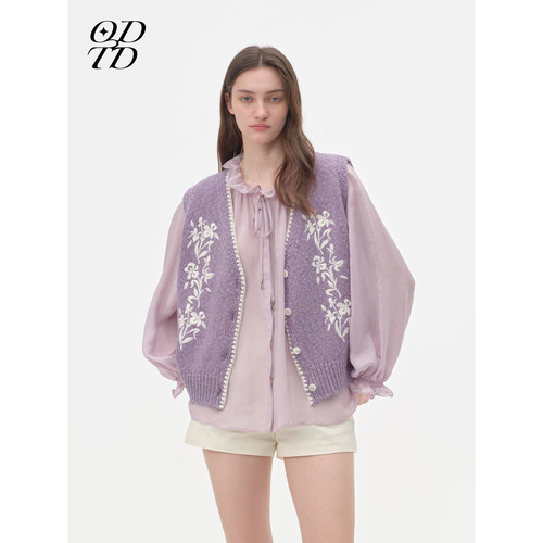 【设计师女装】ODTD26秋季新款羊毛花朵刺绣贝壳针马甲女毛针织衫