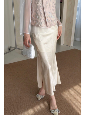 5折 ice dust 三醋酸 缎面鱼尾半裙 粉色白色 新中式马褂