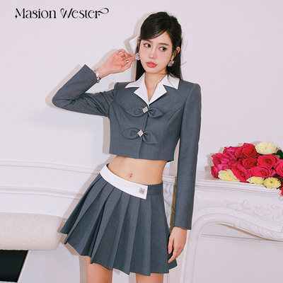 【清货折`】MasionWester新甜美风白领小耳朵灰西装百褶半裙套装