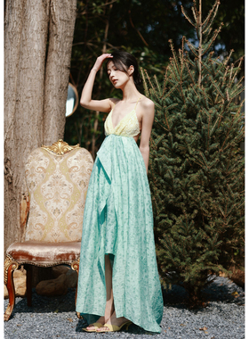 MOOD X MIURA 25SS 曼波薄荷拼接黄色亮片露背连衣裙