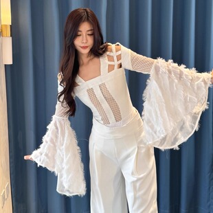 3折清货 Asilio镂空透视蝴蝶喇叭袖连体衣N12H白色开叉阔腿裤长裤