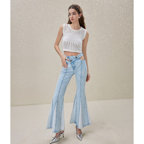 【清货折裤S】ROCHAROMA 春夏新款镂空针织背心漏腰鱼尾牛仔裤