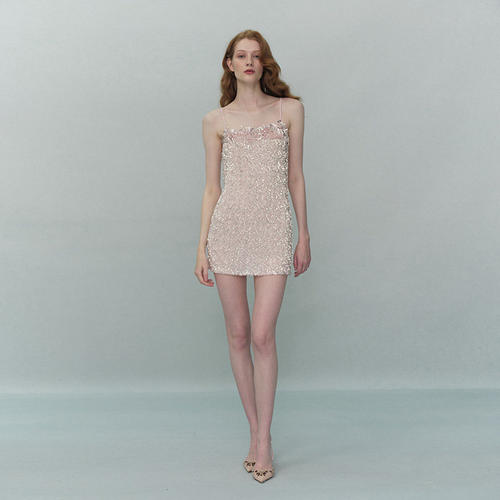 TENSION ARCHIVE印度手工坊亮片钉珠浅粉吊带短裙修身显瘦吊带裙