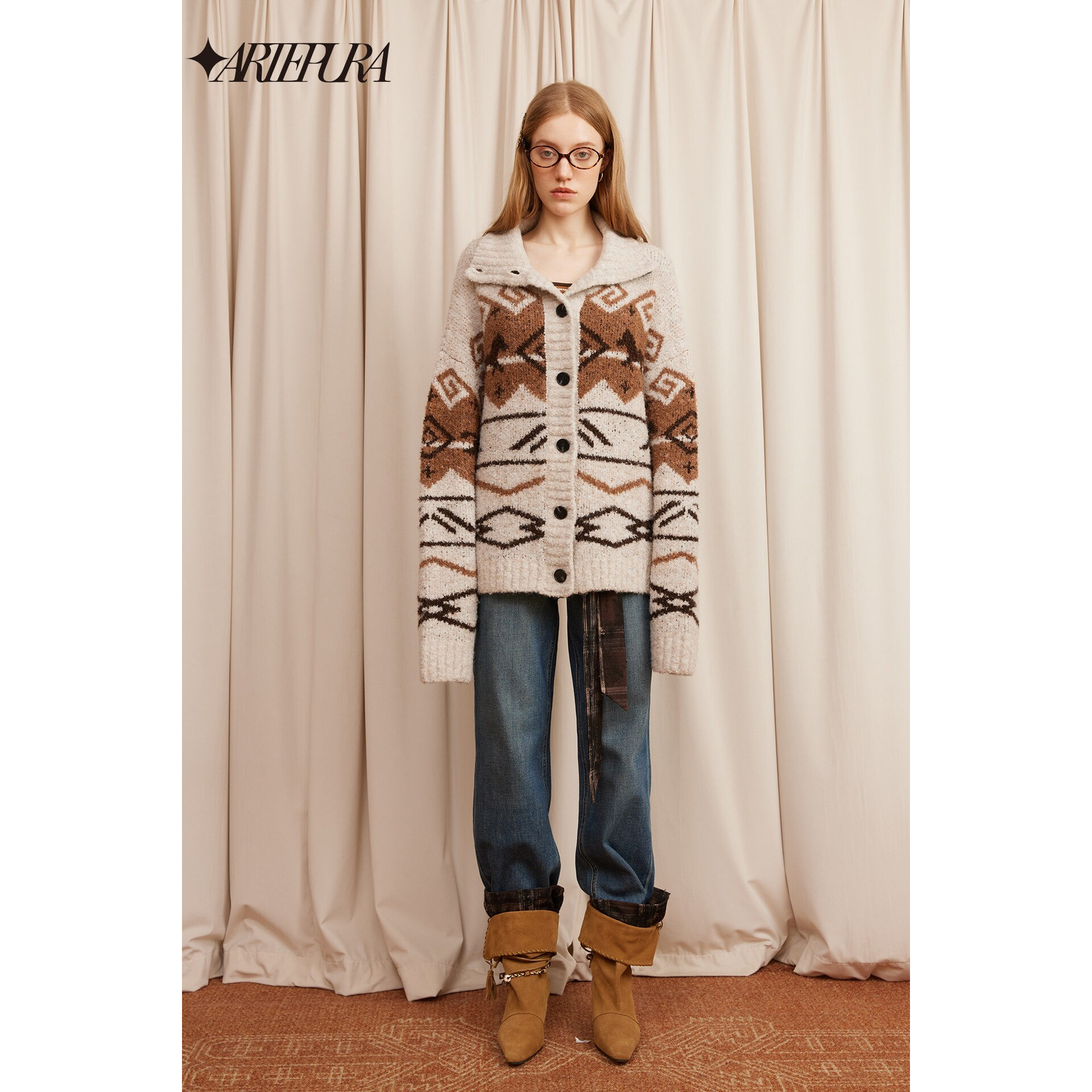 ARTE PURA25秋冬胶囊新款费尔岛翻领提花慵懒针织开衫女小马外套