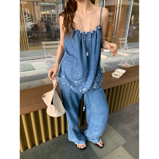 天丝牛仔珠饰吊带上衣套装 ODTD26春夏新款 流浪嬉皮 设计师女装