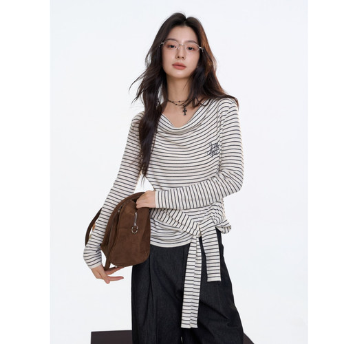 Aimme sparrow25FW 反对称时髦秩序条纹精织纽结系带上衣