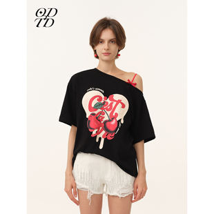 辣妹樱桃印花斜肩撞色T恤上衣百搭 ODTD26春夏新款 设计师女装