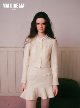 MAI DIRE MAI 奶油杏粗花呢气质外套小摆裙