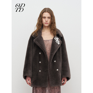 美利如羊毛茧形双排扣皮毛一体外套 ODTD25秋冬新款 设计师女装