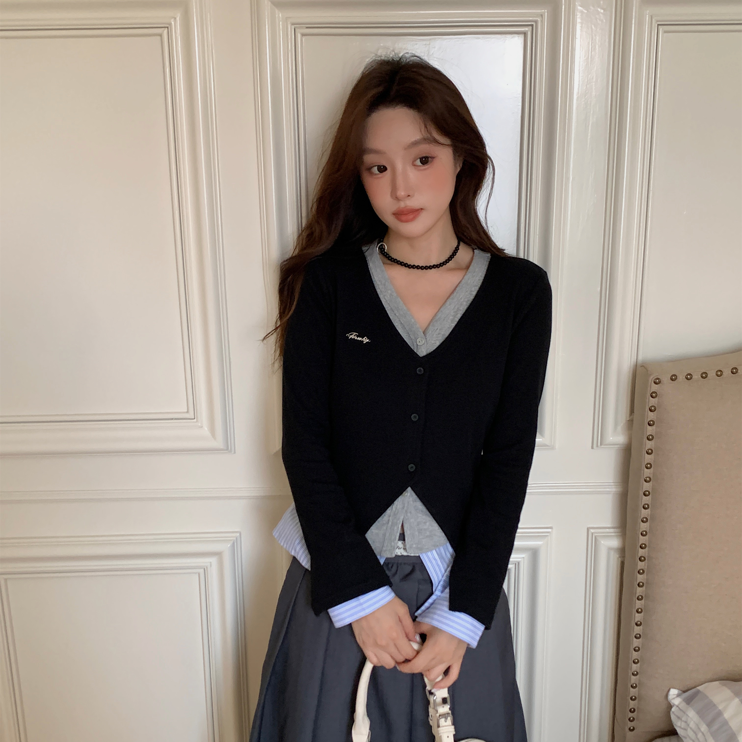 FOR WHY 25AW新款 早秋新款韩系通勤假两件设计感叠穿针织衫上衣