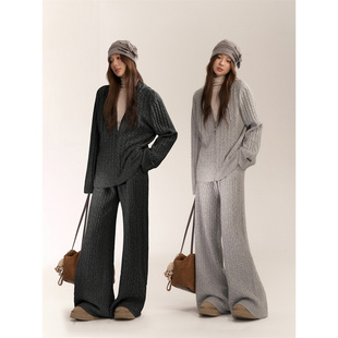 软糯羊毛混纺绞花简约针织上衣直筒裤 24AW 子 AsGony 孟子义同款