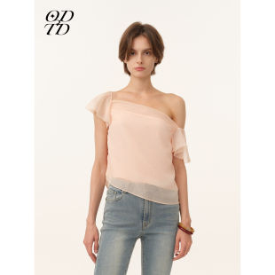 半透雪纺荷叶边抽皱斜肩法式 ODTD26春夏新款 上衣 设计师女装