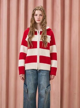 Three Quarters25AW 红白条纹羊毛拉链连帽毛衣开衫外套