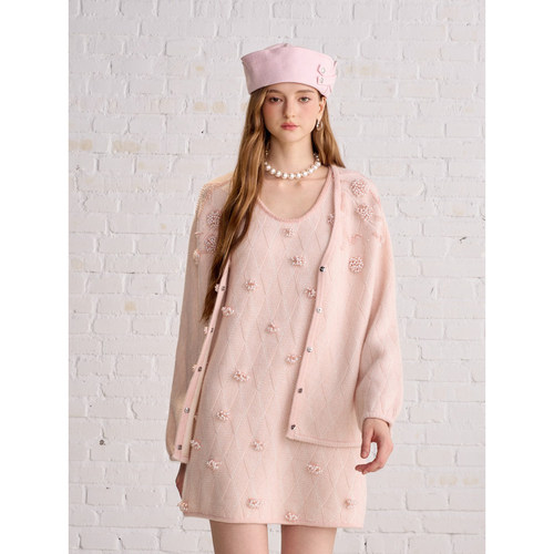 Aimme sparrow25FW 粉色珍珠钉花V领开衫