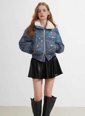 SOFITTE 25AW秋季 蓝色牛仔印花短款毛领棉服夹克