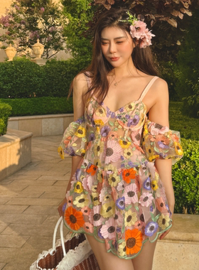 国现For Love and Lemons 2S 向日葵夏日花朵抹胸泡泡袖连衣裙