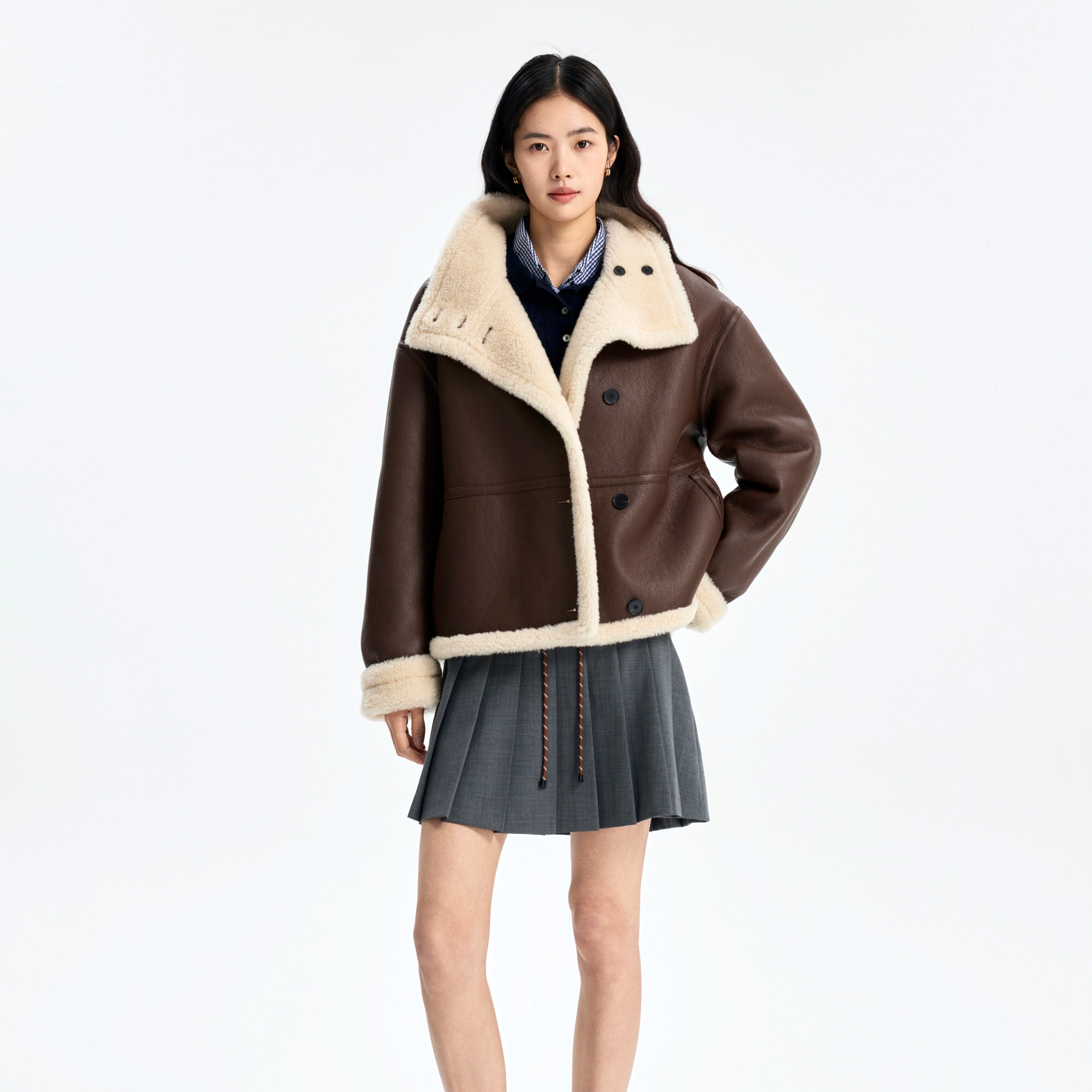 CONCISE-WHITE简白 25秋冬新品 机车外套毛呢羊毛宽松皮衣