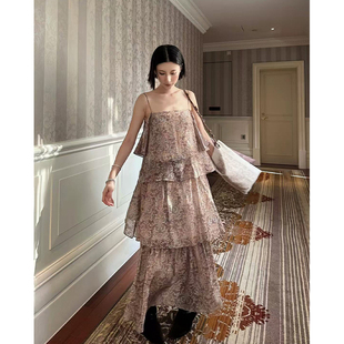 新款 ODTD25秋季 民族风印花吊带层叠连衣裙百搭长裙 设计师女装