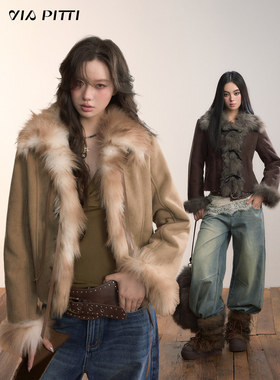 VIAPITTI 25AW 重磅蝴蝶结绑带仿皮毛一体外套女装秋冬大毛领上衣