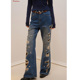 破洞豹纹贴钻牛仔裤 25AW Season Cloud