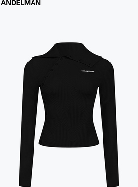 ANN ANDELMAN26早春新款斜门襟针织衫高端小资小上衣黑色修身毛衣