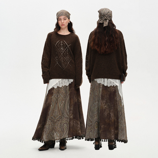 王楚然同款 Vena Label 25FW新款 游牧风拼接流苏半身裙 镂空毛衣