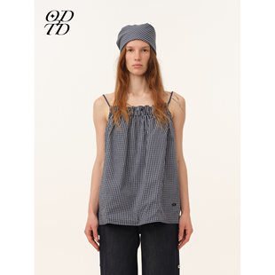 双面穿抽绳撞色格纹吊带上衣度假风 ODTD26春夏新款 设计师女装
