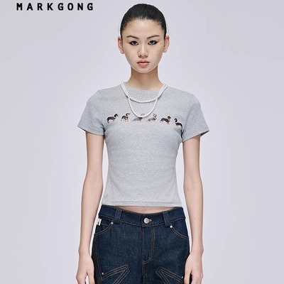 【JENNIE同款】MARKGONG 狗狗印花弹力短袖2025春装新款女装上衣