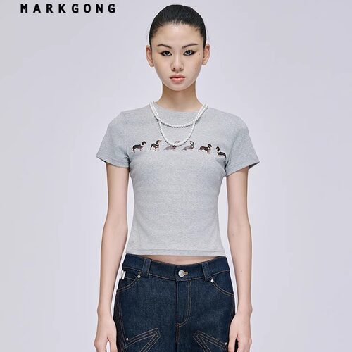 现货【JENNIE同款】MARKGONG 狗狗印花弹力短袖春装新款女装上衣