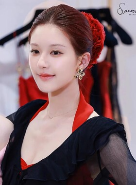 赵露思同款 Nana Jacqueline 弹力缎面雪纺花朵发圈女气质减龄