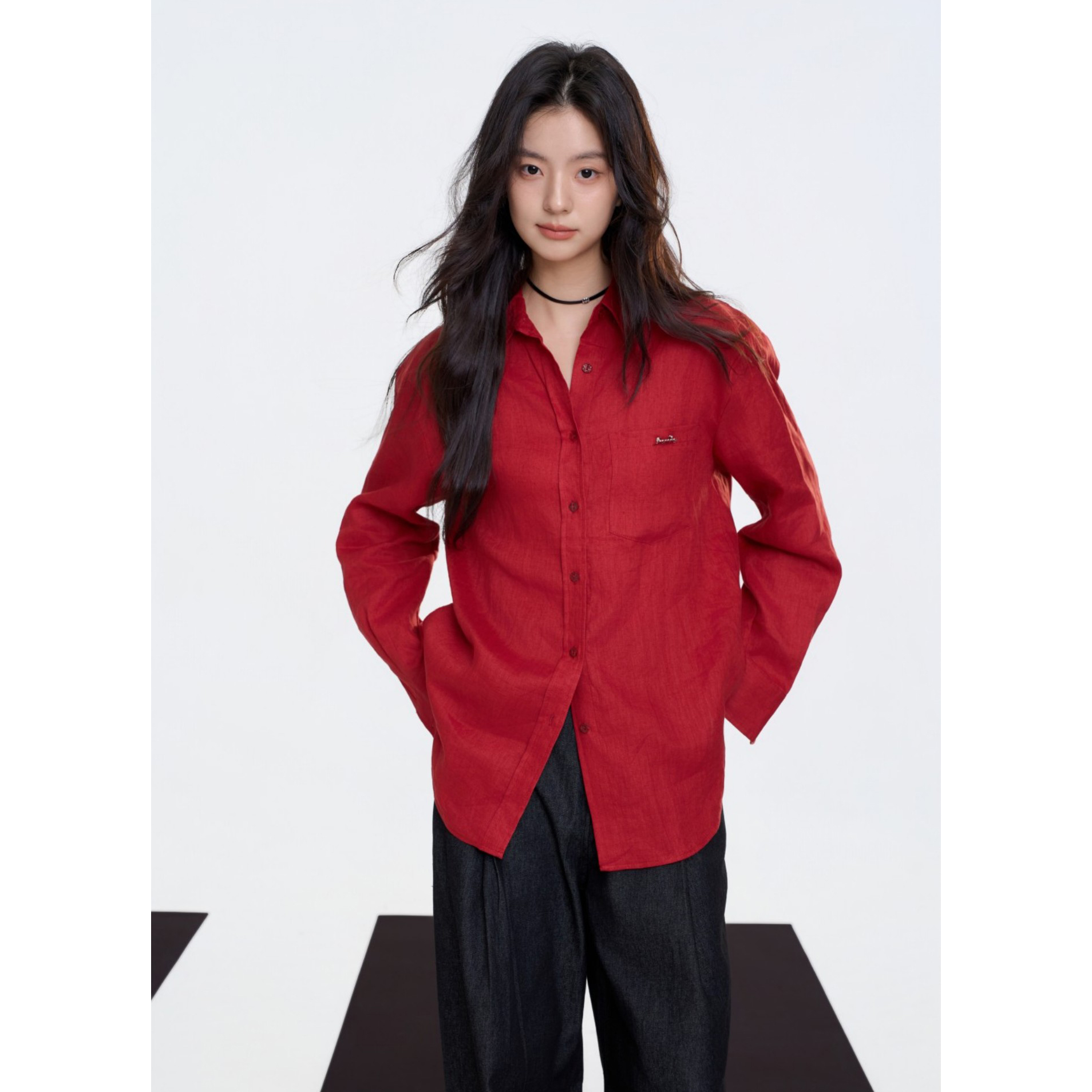 Aimme sparrow25FW 红色立领logo标衬衫黑色蕾丝裤脚边长裤