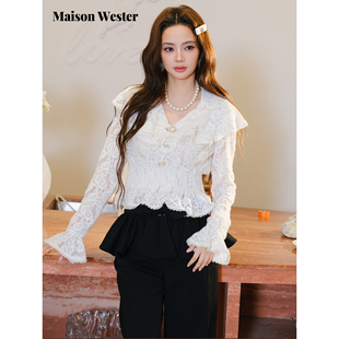 Maison 千金风v领上衣金扣荷叶边蕾丝收腰衬衣 Wester2026早春新品