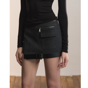 VIAPITTI设计感解构分割拼接皮带毛呢半裙