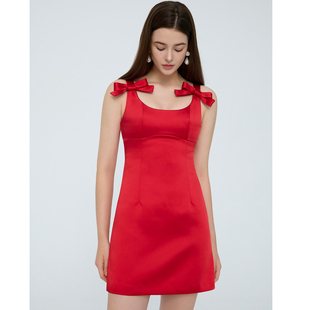 朱砂蝶影·蝴蝶结肩带收腰缎面短款 25AW 连衣裙 HSU ESTER