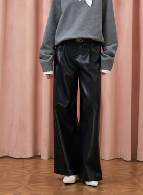 Three Quarters 25AW 黑色蛋白皮腰带宽松皮裤