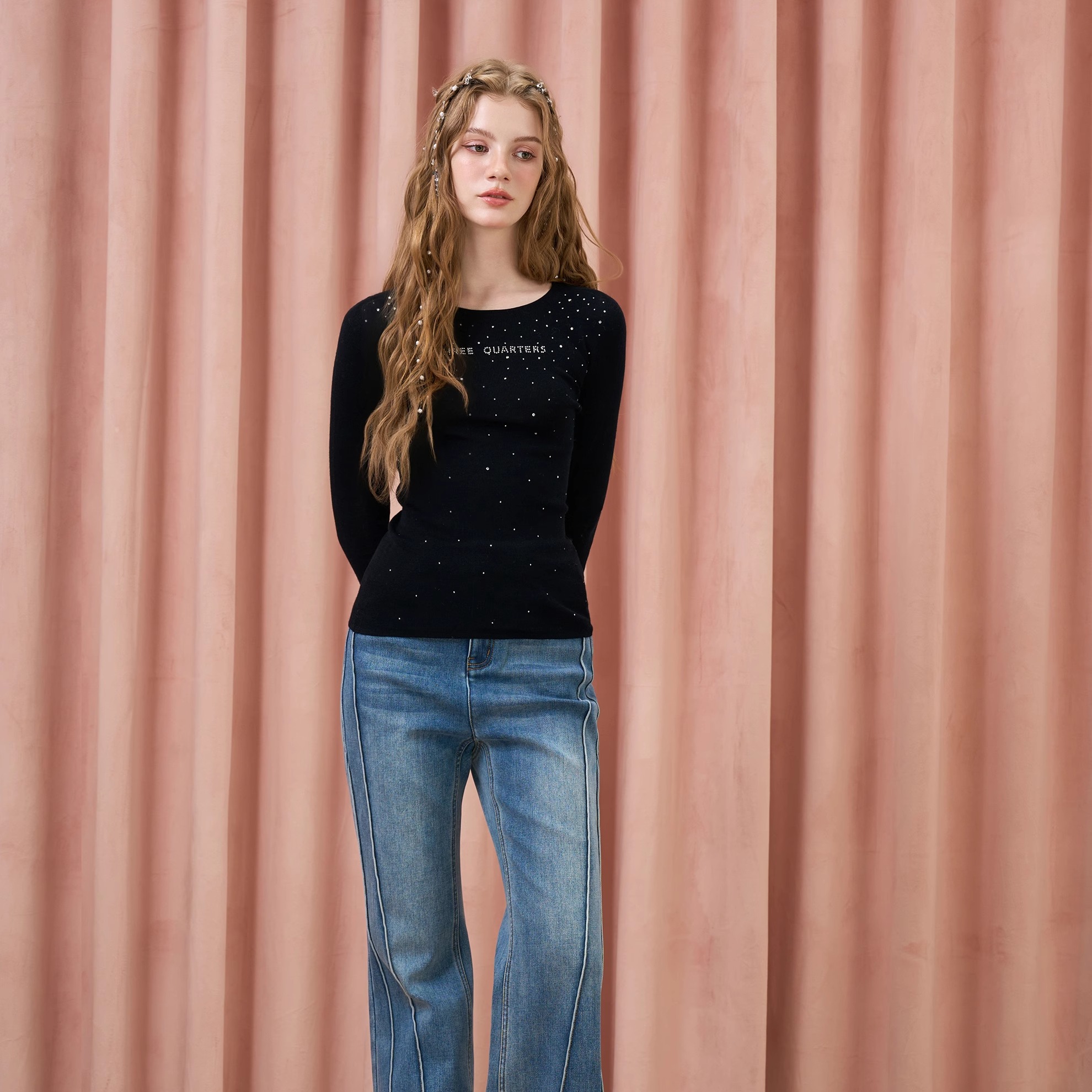 Three Quarters 25AW 烫钻纯绵羊毛一字领针织打底上衣