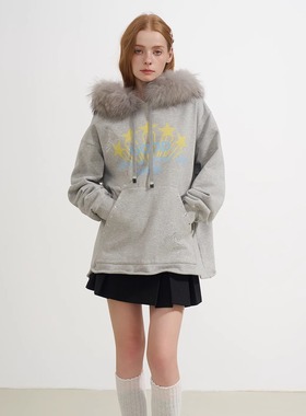 SOFITTE 25AW秋季 灰色趣味印花立体圆弧边毛领连帽卫 衣