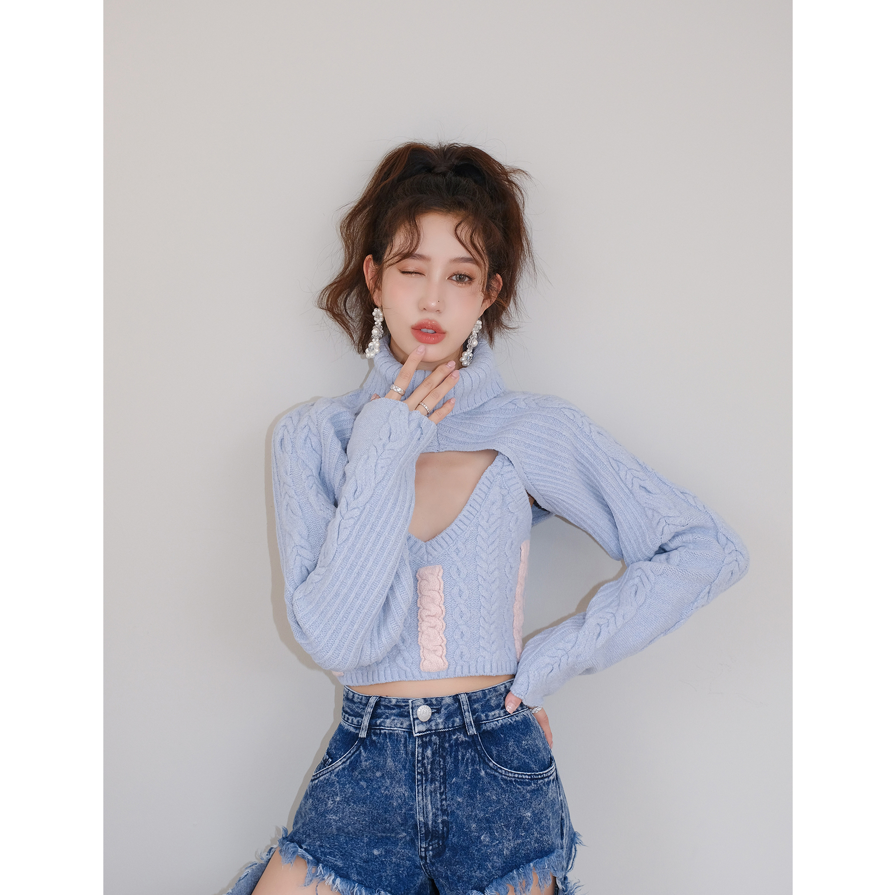 【清货折】 For Love and Lemons 淡蓝色针织高领长袖吊带两件套